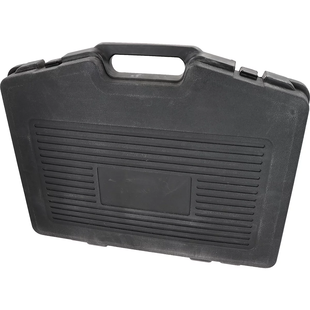 Schwarzer Werkzeugkoffer mit Griff und geriffelter Oberfläche.